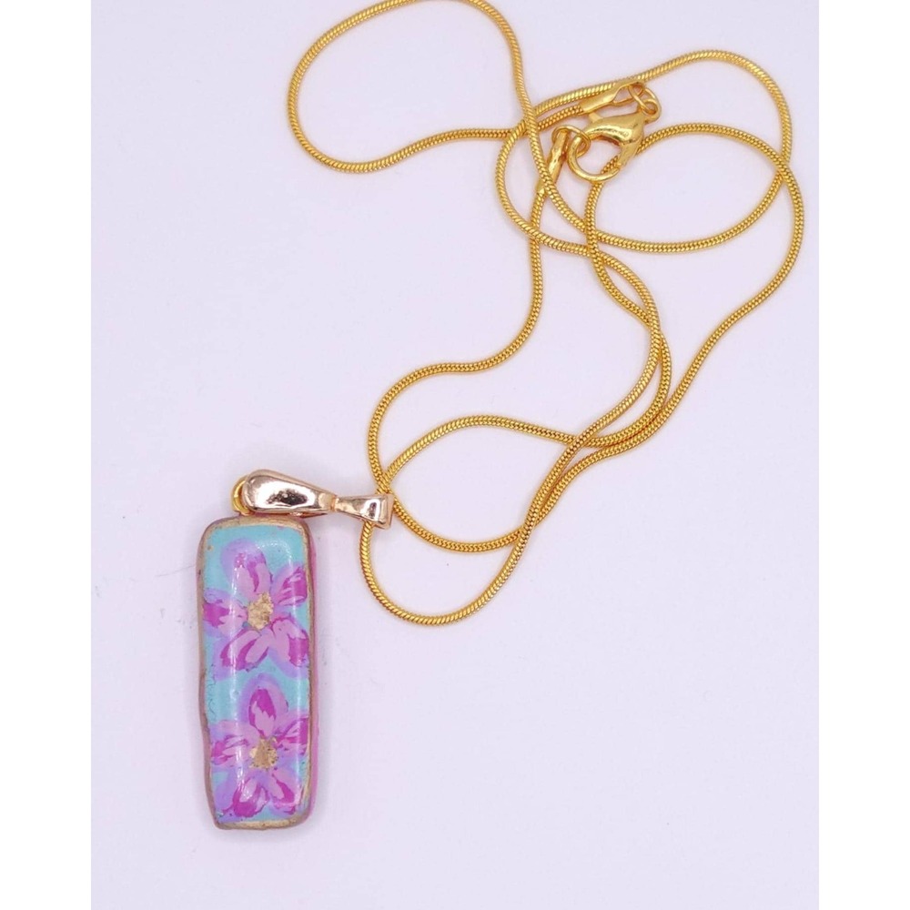 Polymer Clay Teal Pendant Necklace Gold Chain Cottagecore Boho Charm Floral - Picture 6 of 6